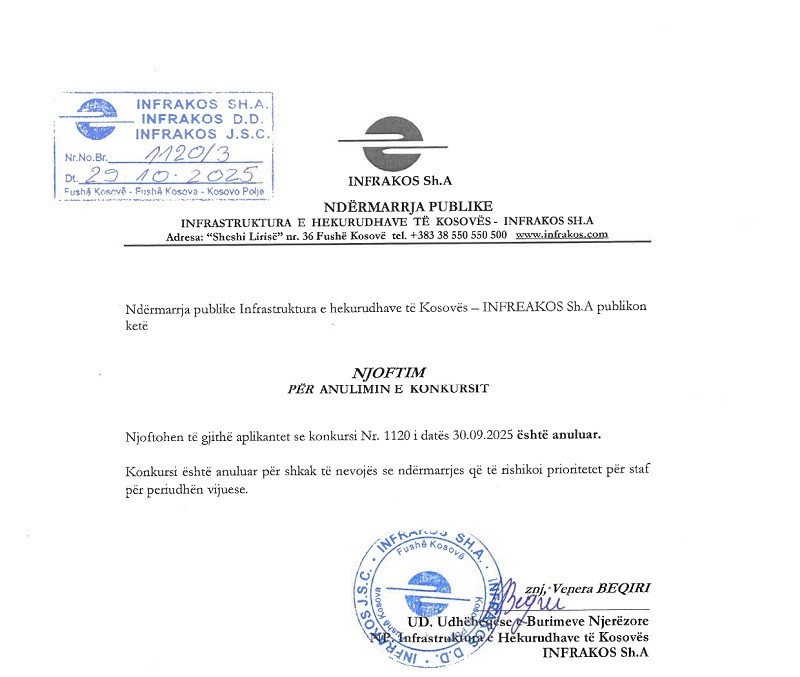 Njoftim për anulimin e konkursit